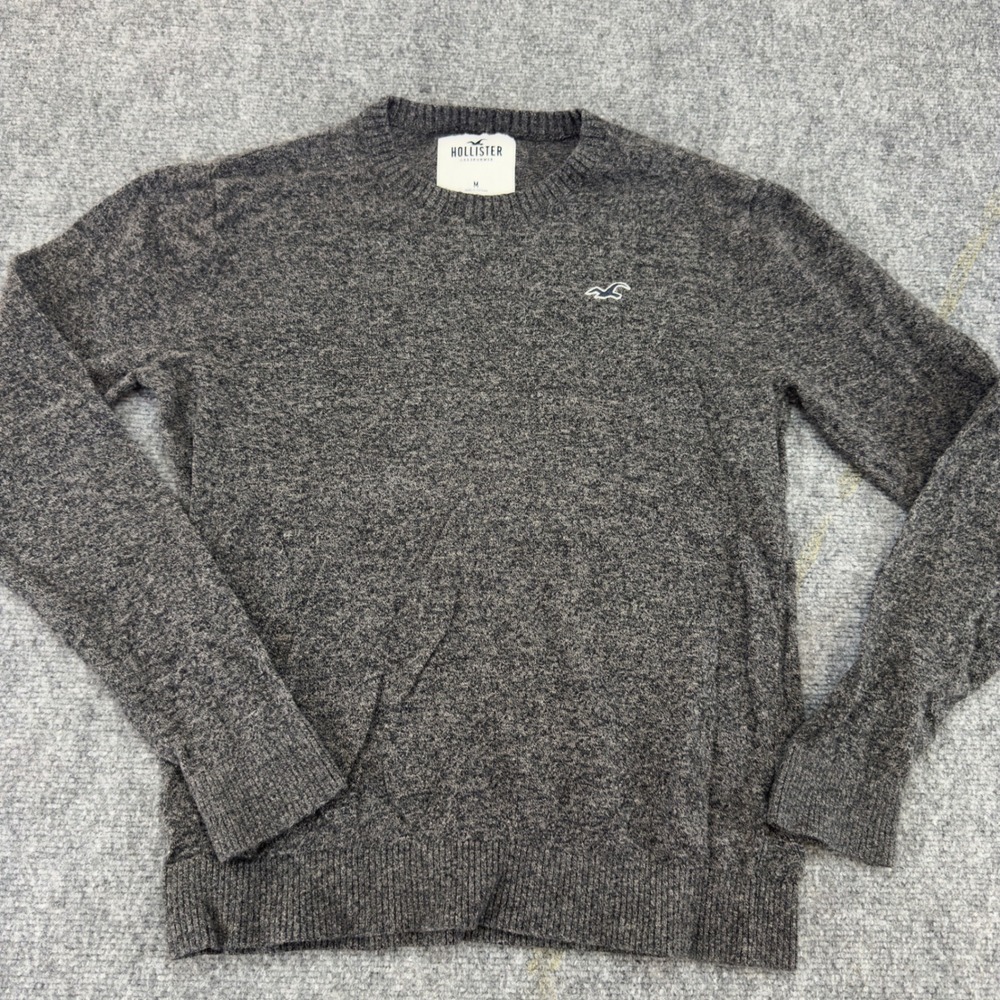 Hollister Crewneck Knit Sweater Embroidered Logo Charcoal Gray Size M